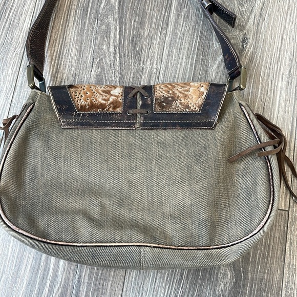 Yurena Shoulder Bag Italy Saddle Satchel Leather Textured Fur Taupe Denim Italy - Picture 5 of 9
